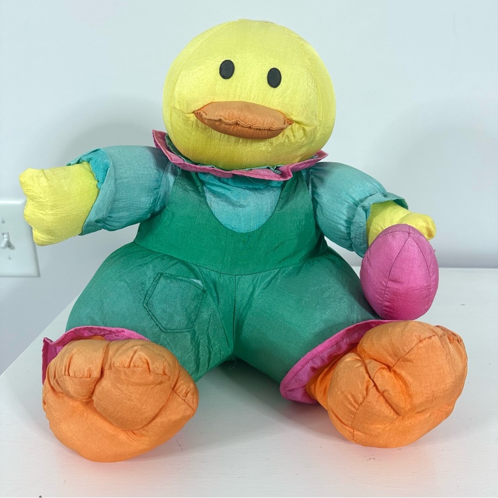 Vintage International Silver 16" Nylon Yellow Duck Plush Sitting Green Overalls
